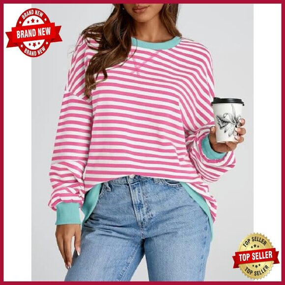 Oversized Striped Sweatshirt Crewneck Pullover Long Sleeve Loose Fit - Picture 7 of 8